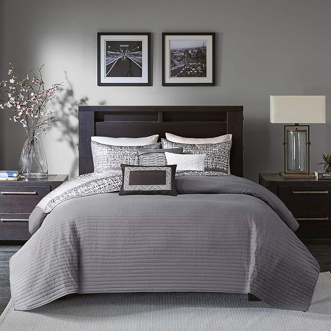 Madison Park Lustrous Jacquard Grey/Taupe King Quilt Set, 6pc | All Season Bedding Set, Glitter Accent Coverlet Set, Machine Washable, Cozy, Breathable, Soft, Modern, Casual