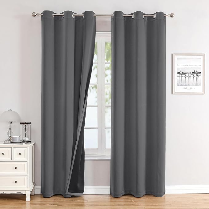 ChrisDowa 100% Blackout Curtains for Bedroom 84 Inches Long 2 Panels Set | 2 Thick Layers, Thermal Insulated, Light Blocking, Grommet, Window Treatment, Living Room Drapes, Grey, 42 x 84 Inch