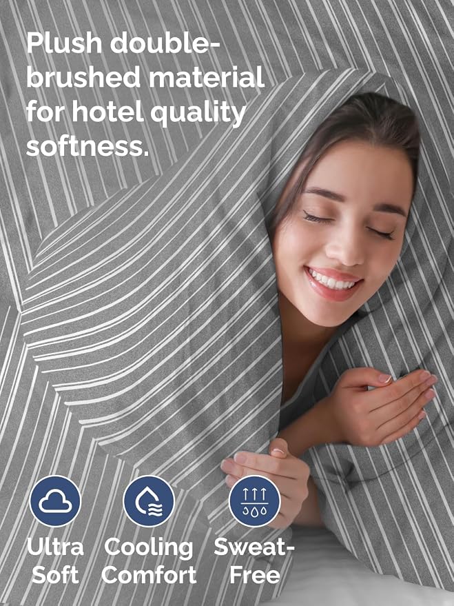 Duvet Cover Full Size - 3 Piece with Zipper Closure - Grey Stripes | Extra Soft, Breathable, Full Duvet Cover 80" x 90" with 2 Pillow Shams, Zipper Closures & Ties, Women, Men, Kids & Teens
