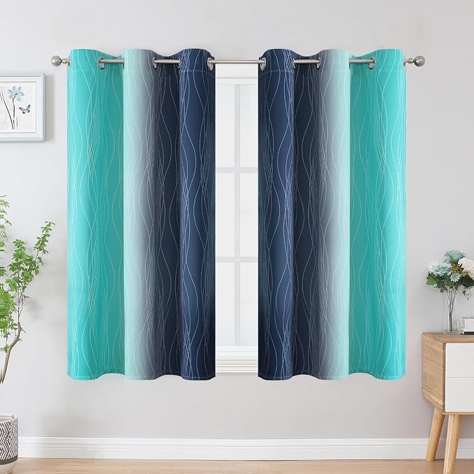 Navy Blue and Teal Gradient Blackout Curtains for Bedroom 45 Inches Long | Estelar Textiler Ombre Curtains for Bathroom,Room Darkening,Thermal Insulated,Light Blocking Grommet Drapes,42Wx45L,2 Panels
