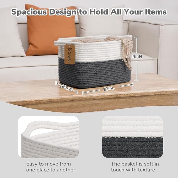 Goodpick Woven Rope Storage Basket for Shelves, Rectangle, Dark Gray | 13" × 10" × 9" Stylish Gift Basket for Home Decor, Cotton Rope Baskets for Baby Toys, Books & Towels Storage, Writable Label