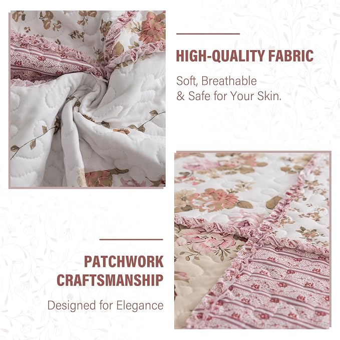 Quilt Set King Size, Bedspread Sets Pink Botanical Floral, Reversible Quilt Bedding Set Lightweight and Breathable for All Seasons, Soft Quilted Bedspread with 2 Pillow Shams