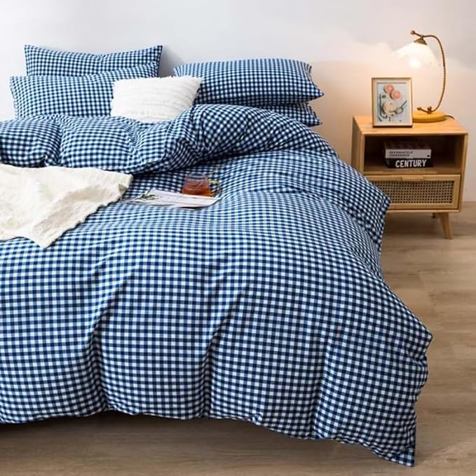 LifeTB Royal Blue Gingham Comforter Set King Modern Style Blue Plaid Checkered Comforter Set Soft Fluffy Grid Bed Comforter 3 Pieces Farmhouse Bedding Set Plaid Gingham Bedding Comforter King