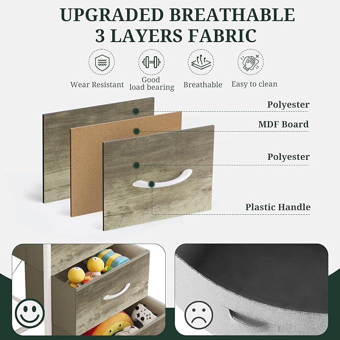 4 Drawers Dresser for Bedroom Fabric Storage Tower with Wooden Top | Steel Frame Tall Chest of Drawers for Closet, Entryway, Dorm, Greige Oak