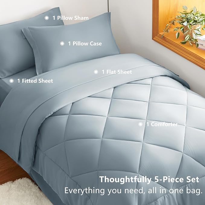 Twin XL Comforter Set Dusty Blue - 5 Pieces Complete Bedding Set | College Dorm Essentials, OEKO-TEX Certified, All Season, 240GSM Down-Alternative Comforter, Sheets, Pillowcase & Sham