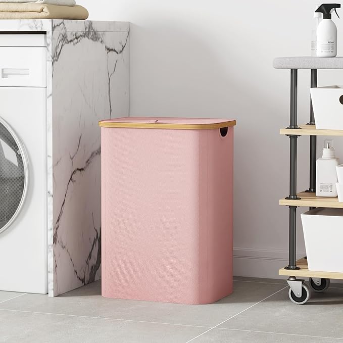 Lifewit 80L Laundry Basket with Lid, Clothes Hampers for Laundry with Bamboo Handles and 1 Removable Bag, Large Foldable Laundry Hamper for Bedroom, Bathroom, Dorm, Laundry Room, Pink