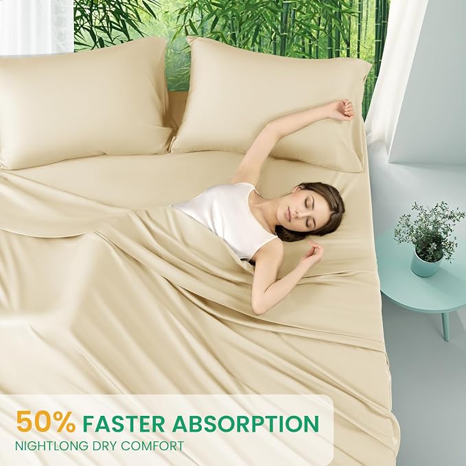 SONORO KATE 100% Viscose Derived from Bamboo_Sheets King Size,4PC | Cooling Bed Sheets for Hot Sleepers,Soft Breathable & Silky,16" Deep Pocket,Luxury Hotel Bedding,Beige