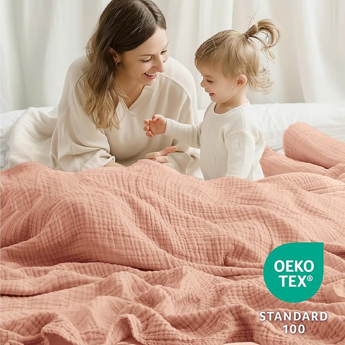 100% Cotton Muslin Blanket 50"x 60", 6 Layers Breathable and Lightweight Cotton Throw Blankets for Couch, Soft Cooling Summer Gauze Blanket for Adults All Season, Dusty Rose‌