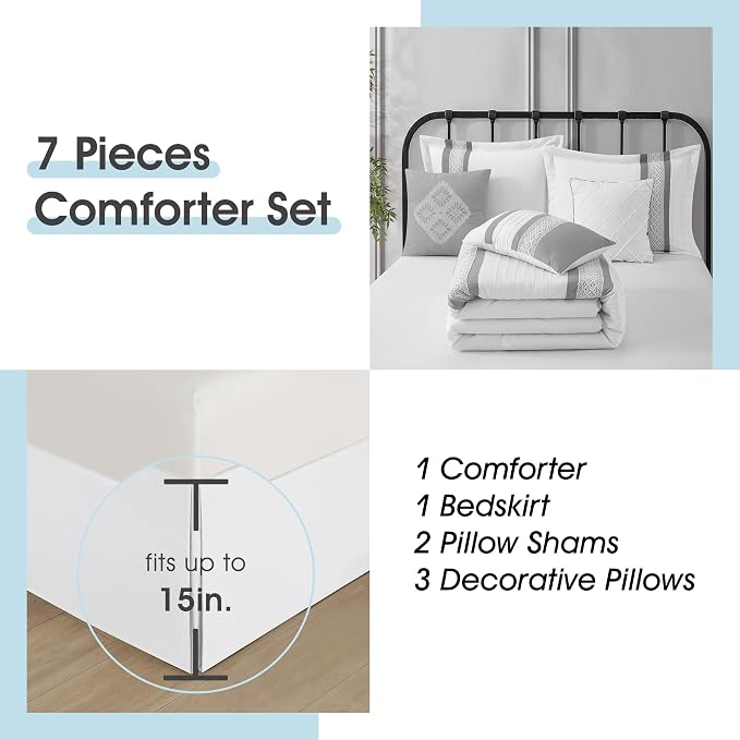 7 Piece Comforter Set, Grey White, Queen Size, Boho Style Geometric Microfiber Embroidery, Bed in a Bag with Bedskirt, Pillow Shams and Decor Pillows