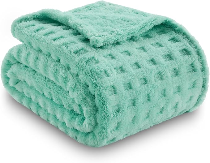 NEWCOSPLAY 3D Waffle Checkered Flannel Twin Blanket, Aqua, 60"x80" | Super Soft Cute Lightweight Decorative Premium Silky Fleece Blanket for Couch Sofa Bed, Gift for Women Men, All Season Use