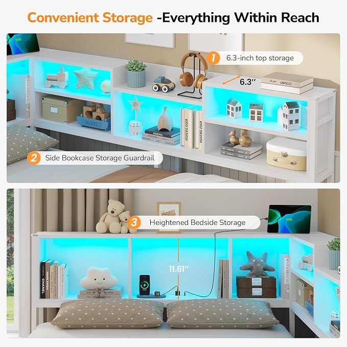 DICTAC Queen Corner Bed Frame with Storage Bookcase and 2 Drawers,Platform Corner Bed Frame Queen Size with LED Lights & Charging Station,Metal Daybed for Teens/Adult with Storage,Saving Space,White