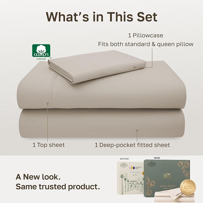 California Design Den 600 Thread Count XL Twin Sheet Set, 3 Pcs, Soft Linen | 100% Cotton Sateen Backed by Good Housekeeping Seal, Soft & Smooth, All-Around Elastic, Durable, Easy Care