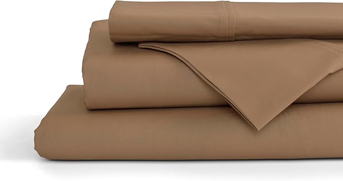 Linen Home 100% Cotton Percale Sheets Queen Size, Earthy Brown, Deep Pocket, 4 Pieces Set - 1 Flat, 1 Deep Pocket Fitted Sheet and 2 Pillowcases, Crisp Cool and Strong Bed Linen