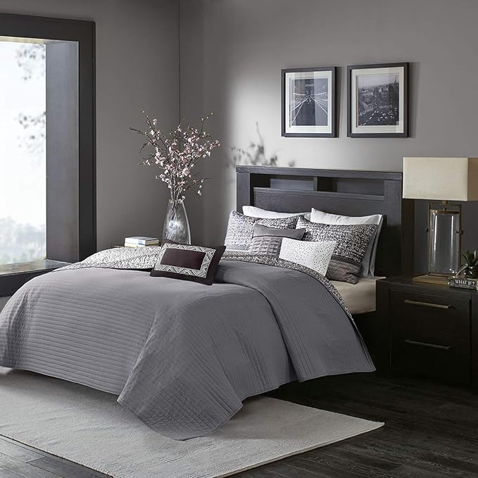 Madison Park Lustrous Jacquard Grey/Taupe King Quilt Set, 6pc | All Season Bedding Set, Glitter Accent Coverlet Set, Machine Washable, Cozy, Breathable, Soft, Modern, Casual