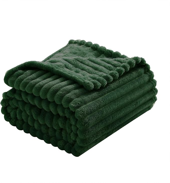 Green Fleece Throw Blanket 50”×60” for Couch Sofa Livingroom | Super Soft Cozy Plush Microfiber Flannel Bed Blanket Striped Design Lightweight Home Decor Gifts for Adults Mom Women