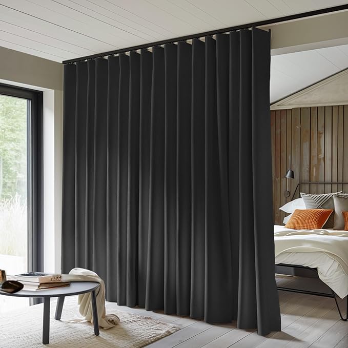 MaKefeile Room Divider Curtains Total Blackout Privacy Curtain Panel Room Thermal Insulated Noise Reduction Curtains for Bedroom Window Living Room Ceiling Track Curtain W 12.5 ft × H 7 ft Black