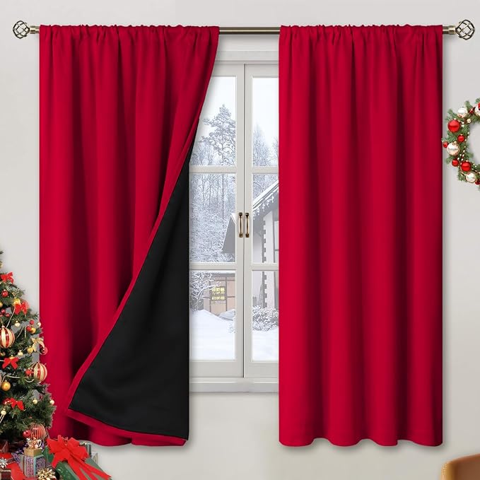 BGment Christmas 100% Blackout Curtains for Bedroom 63 Inch Length 2 Panels | Decoration Thermal Insulated, Full Room Darkening Noise Reducing Rod Pocket Curtains for Living Room, Red, 42 x 63 Inch