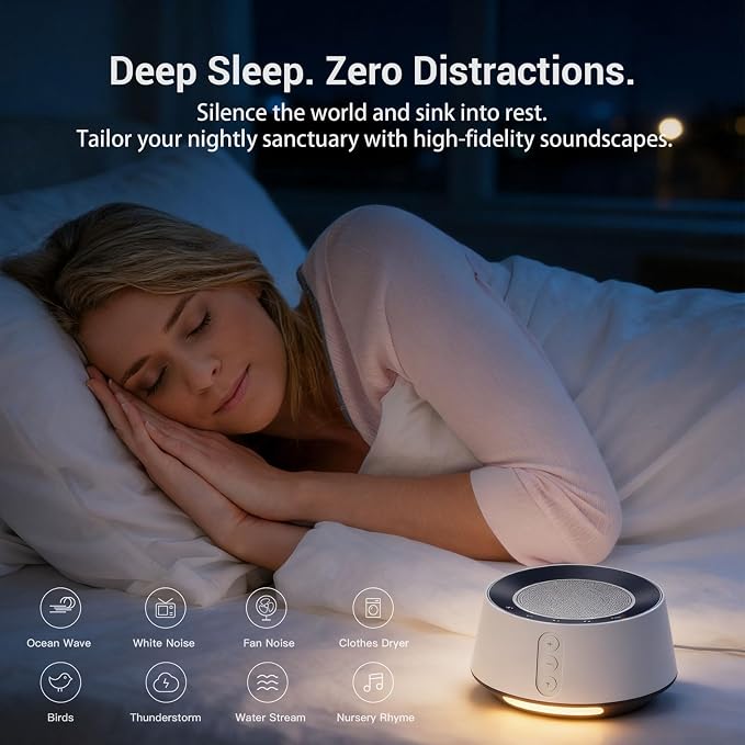 White Noise Machine with Night Light – 20 Soothing Sounds, 10 Color Lights, 5 Timer Settings & Memory Function, Portable Sleep Sound Machine for Baby Nursery, Kids & Adults, Grey