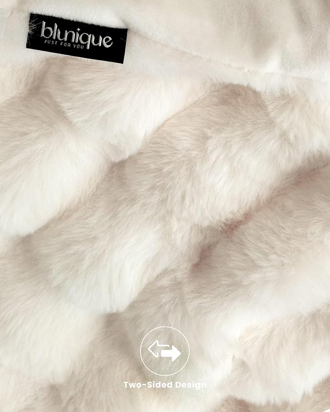 Ultra Soft Cozy Faux Fur Throw Blanket, Fuzzy Plush Thick Bubble Blanket, Oversize Luxury Fluffy Blanket for Couch, Bed, and Living Room, 60x80 Inches, Cream White
