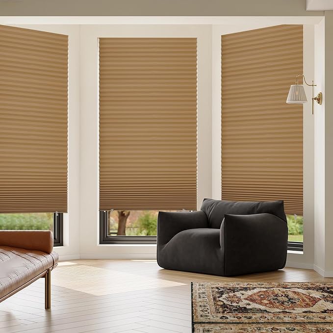 MYshade 12 Pack Temporary Blackout Paper Shades for Windows,Paper Pleated Blinds with Adhesive,No Tools No Drilling Free Cut Size Temporary Room Darkening Shades(Brown, 48" W x 72" H)