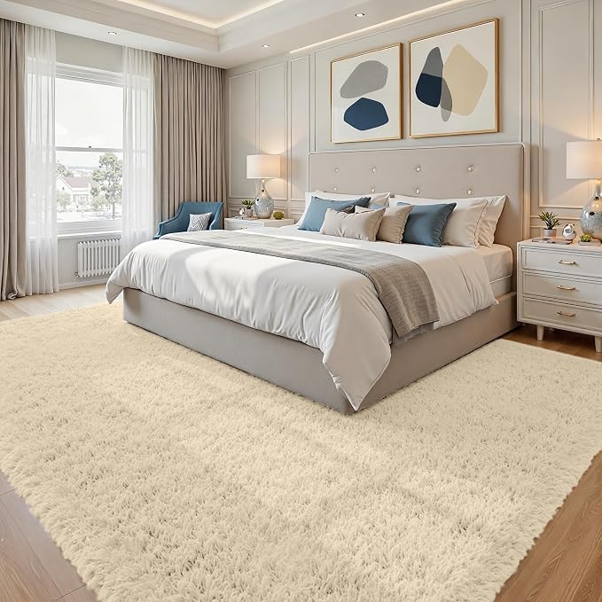 8x10 Fluffy Shag Area Rugs for Living Room Bedroom: Soft Plush Carpet Beige | Upgraded Non-Slip Thick Memory Foam, Ultra Soft, Non-Shedding Fuzzy Carpet, Easy Clean Decor for Kids Room, Nursery, Playroom