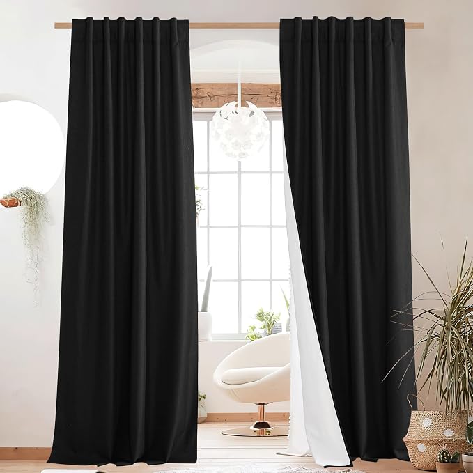 NICETOWN Vintage Rod Pocket 100% Blackout Curtains 84" Long for Dining Room | Flax Thermal Insulated & Soundproof Window Treatment Drapes for Hall Room, Black, 52" Wide Per Panel, Set of 2