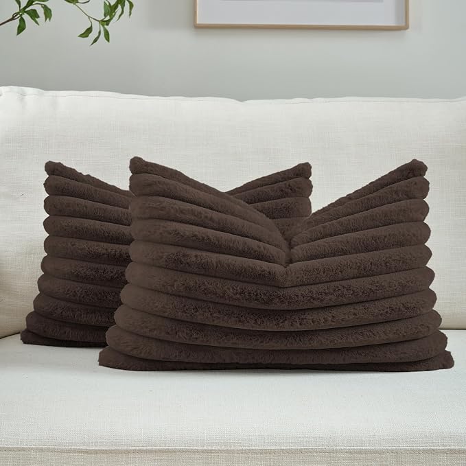 FUTEI Pack of 2 Faux Fur Throw Pillow Covers 12x20 Inch, Dark Coffee | Fluffy Faux Rabbit Fur Front/Premium Velvet Back,Hidden Zipper,Machine Washable,Non-Shedding,Colorfast,Insert Not Included.