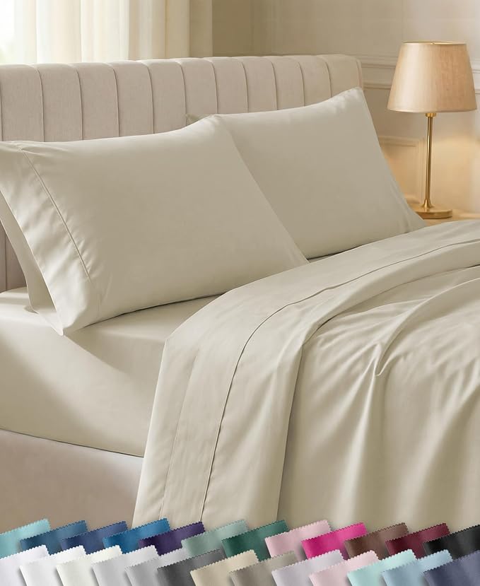 California Design Den Soft 100% Cotton Sateen Queen Bedsheets, 4 Pc Set | 400 Thread Count Backed by Good Housekeeping Seal, 16" Deep Pocket, All-Around Elastic, Durable, Easy Care - Beige