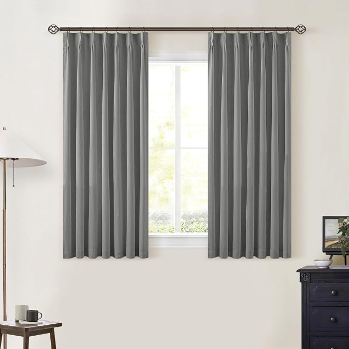 Grey Pinch Pleated Black Out Linen 45 Inch Curtains with Liner 2 Panels | Memory Trained, Thermal Insulated, UV Blocking, Noise Reducing, Room Darkening, 100% Blackout Short Curtains for Cafe Kitchen