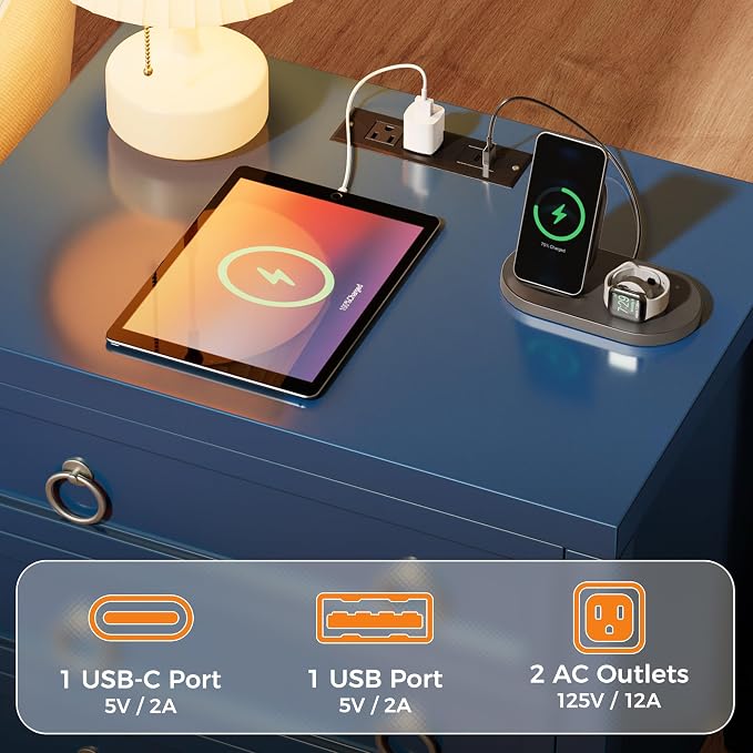 Huuger Paint Night Stand with Charger Station, 3 Drawer Nightstand Set of 2 | Larger Wider Bedside Table with USB-C Port, Modern End Table, for Bedroom, Living Room, Blue Nightstand