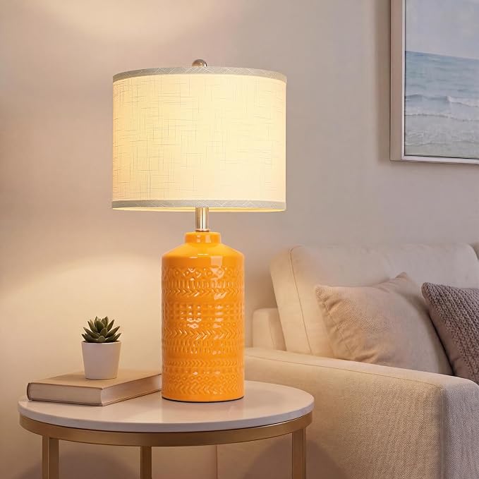 JUNNAI 25" Modern Orange Ceramic Table Lamp for Living Room Nightstand 3-Way Dimmable Farmhouse Lamp for Bedroom Bedside Entryway Tabletop Office with White Slub Fabric Lampshade (Bulb Included)