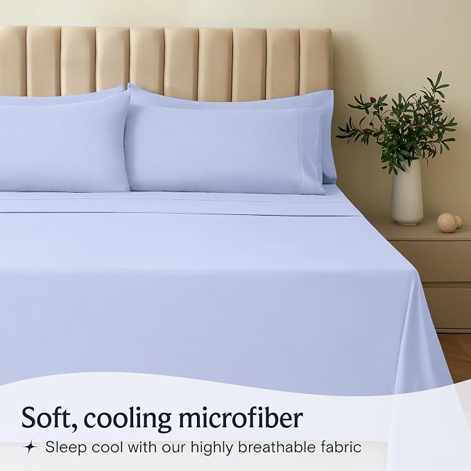 LuxClub Full Size Sheets, Cooling & Soft Deep Pocket Bed Sheets, 4PC | LuxClub Silky Fitted Sheet & Pillowcase Sets, Breathable Hotel Luxury Bedding for Mattress Wrinkle Free, Sky Blue