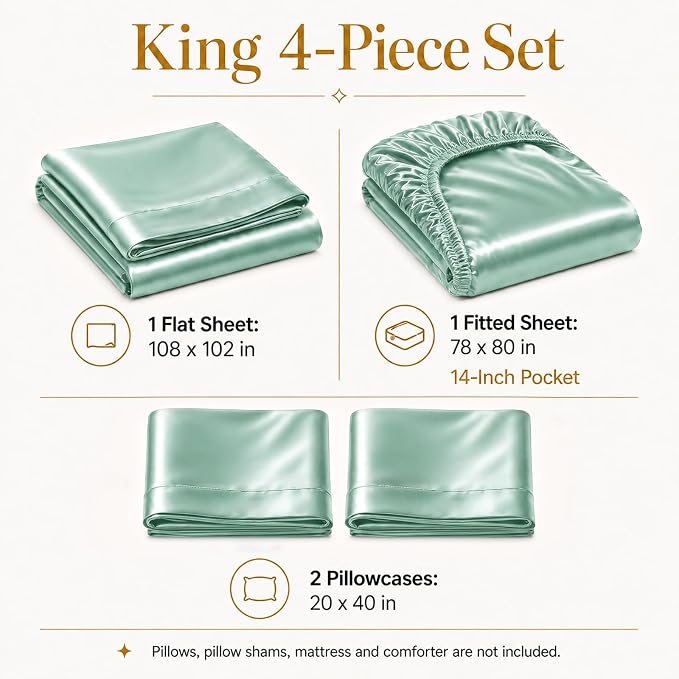CozyLux Satin Sheets King, 4-Piece 14-Inch Deep Pocket Sheet Set | OEKO-TEX Certified Silky Soft Sheet Set for Hair & Skin, Luxurious Silky-Smooth Satin for Elegant Bedroom Decor, Aqua