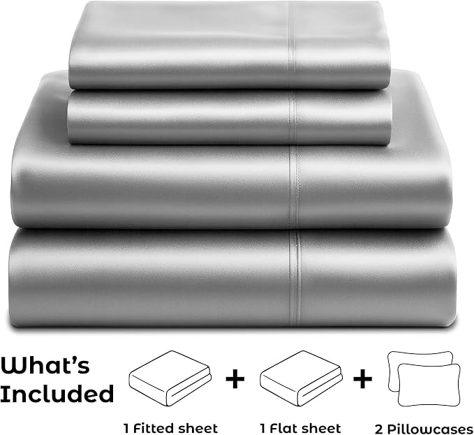 Satin Sheets Queen [4-Piece, Grey] Hotel Luxury Silky Bed Sheets - Extra Soft 1800 Microfiber Sheet Set, Wrinkle, Fade, Stain Resistant - Deep Pocket Fitted Sheet, Flat Sheet, Pillow Cases