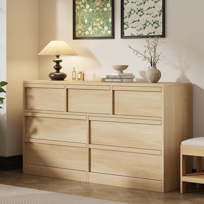 Garvee 7 Dresser for Bedroom, 54" Wide Dresser, Freestanding Horizontal Drawer with Storage, Wooden Closet Chest Storage for Living Room, Hallway, Entryway, Natural Oak