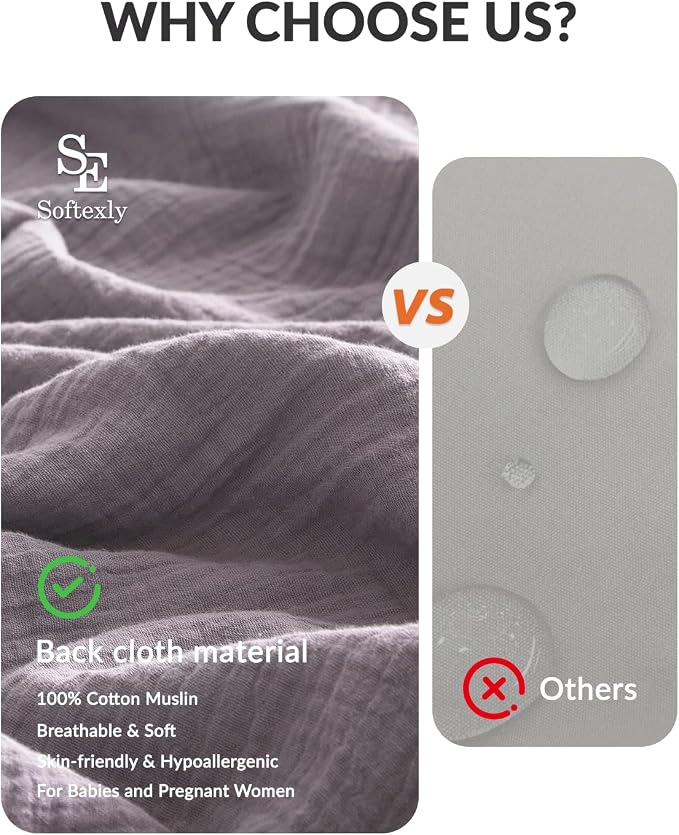 SE SOFTEXLY Muslin Duvet Cover King Size, 100% Washed Cotton Duvet Cover Set, Ultra Soft Comforter Cover Linen Like, 3 Pieces Minimalist Gauze Duvet Cover with 2 Pillowcases, 90"x104", Purple Grey
