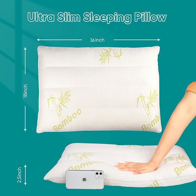 MINUPWELL Ultra Thin Pillows, Flat Pillows for Sleeping Thin, 7D High Support 2.5 inch Height Slim Bed Pillows for Stomach Sleeper, King Size -18x36 in - Rayon Derived from Bamboo