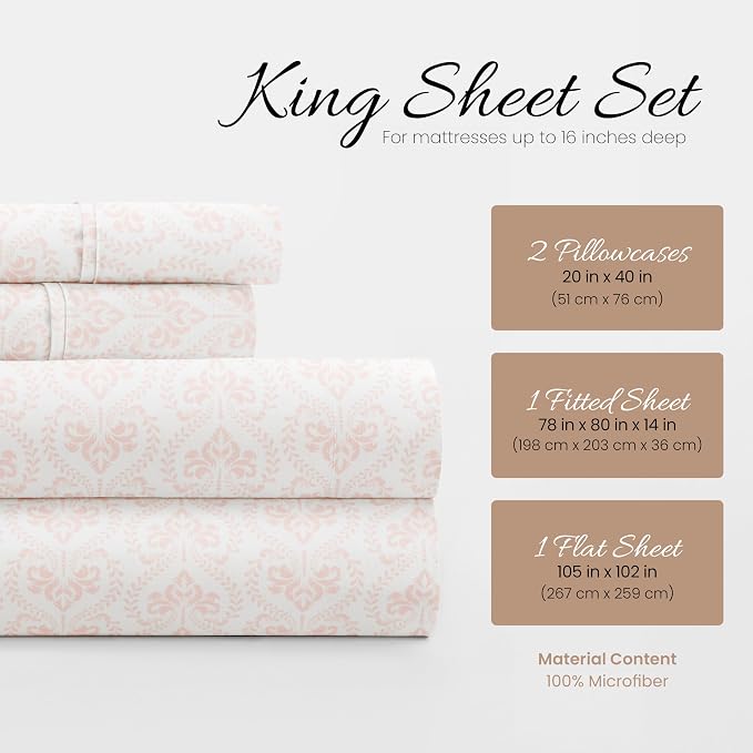 Linen Market Patterned Microfiber King Sheet Set 4 Piece – Oeko-TEX Certified Ultra Soft & Wrinkle-Free - 16" Deep Pocket Sheets - Easy Care King Size - Classic in Pink