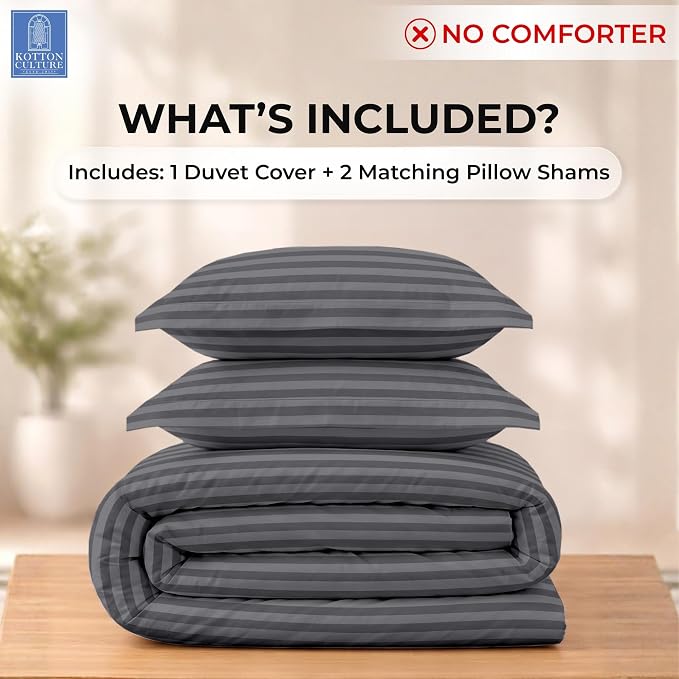 Kotton Culture 120"x98" 3 Pc Oversized King Duvet Cover Set 100% Egyptian Cotton - 600 Thread Count, Zipper Closure & Corner Ties - Fits Large King Inserts (Oversized King,Striped Dark Grey)