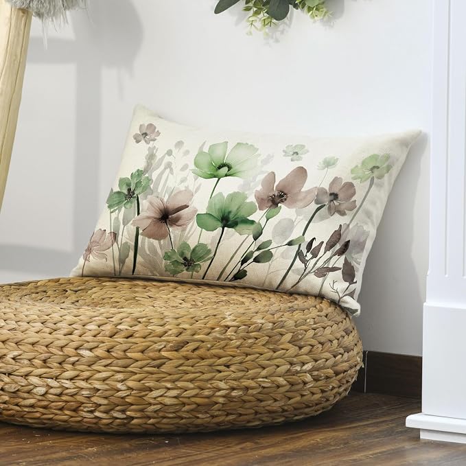 AVOIN colorlife Poppy Flowers Fall Spring Throw Pillow Cover 12x20 Inch | Chinoiserie Sage Green Brown Seasonal Leaves Cushion Case Decoration for Sofa Couch Farmhouse