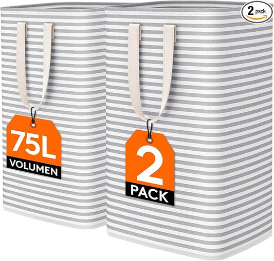 Lifewit 2 Packs Freestanding Clothes Hamper with Carry Handles, Large Tall Laundry Basket for Organization for Adults in Laundry Room Dorm Bedroom, Gray, 2 x 75L