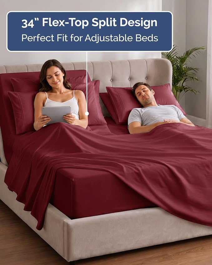 Extra Deep Flex Top Split Head King Sheet Set - 6 Piece Breathable and Cooling Sheets - Hotel Luxury Bedding for Women, Men, Kids & Teens - Easy Secure Fit - Extra Deep Pockets - Burgundy