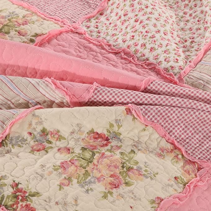 vctops 3 Piece Patchwork Floral Quilted Bedspread Quilt Set 100% Cotton Boho Ruffles Reversible Coverlet Set 1 Quilt and 2 Pillow Shams (Pink,Queen)