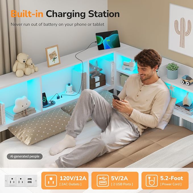 DICTAC Queen Corner Bed Frame with Storage Bookcase and 2 Drawers,Platform Corner Bed Frame Queen Size with LED Lights & Charging Station,Metal Daybed for Teens/Adult with Storage,Saving Space,White