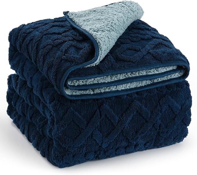 Soft Weighted Blankets for Adults Queen 60" x 80" 15 lbs Navy Blue | Better Sleep, Relax Body & Mind, Dual Sided Soft Fuzzy Heavy Throw Blankets, Jacquard Knitted, Chunky Fluffy, Warm Hug, Gift