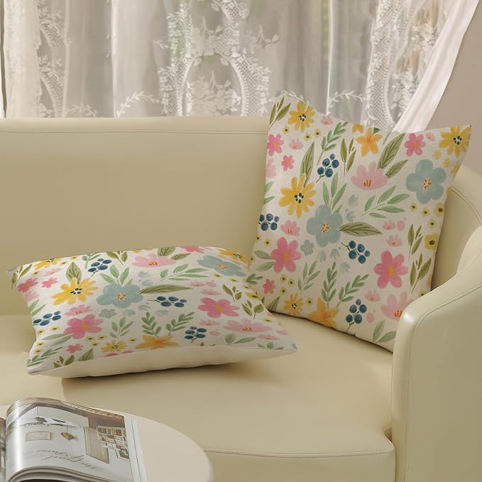 Outdoor Pillow Covers 16x16 Inch 2 Pcs Watercolor Pink Green Flower Spring Decor Throw Pillows Vintage Floral Summer Outdoor Seasonal Decoration Pillowcase Linen Cushion Cover for Couch Sofa