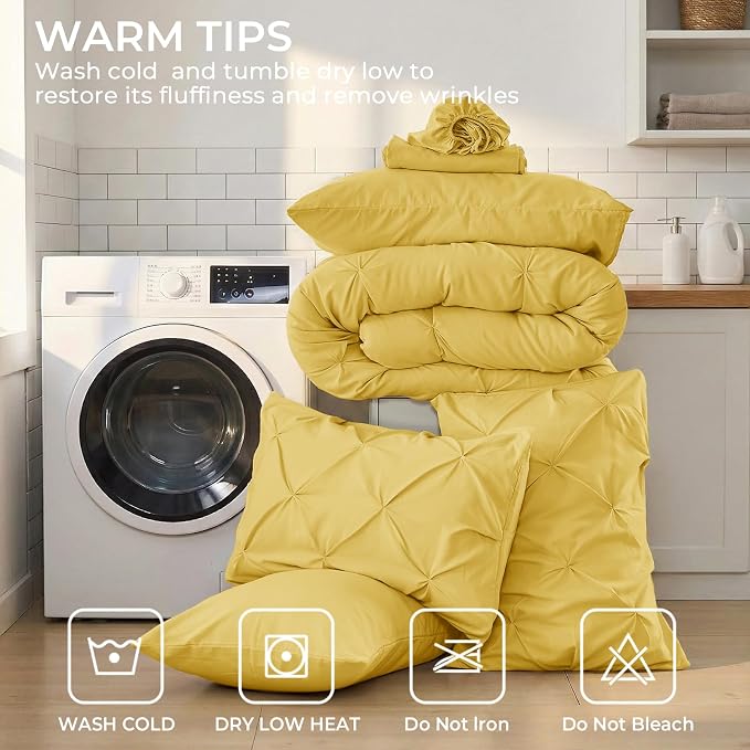 Sasttie Queen Comforter Set, 7-Piece Bed in a Bag, Pintuck Bedding Sets for All Season, Includes Comforter, Flat Sheet, Fitted Sheet, Pillowcases and Pillowshams, Mustard Yellow