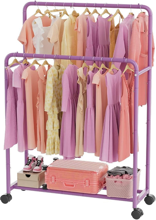 Simple Trending Clothing Clothes Rack, Double Rod Garment Rack, Purple | Portable Closet with Bottom Shelf, Anti-Slip Stoppers, 360° Lockable Wheels, Multiple Uses, Bedroom, Laundry Room