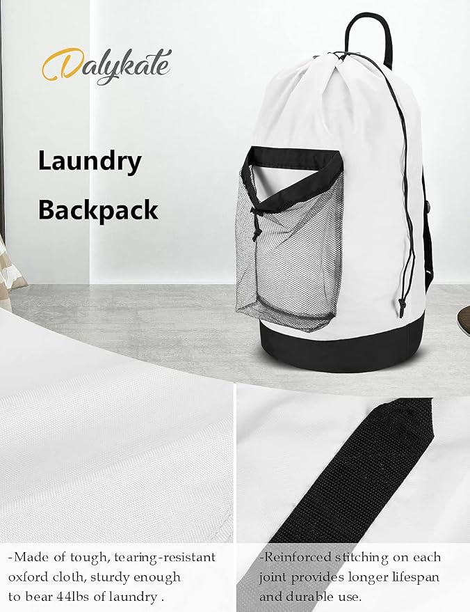 Backpack Laundry Bag, Laundry Backpack with Shoulder Straps and Mesh Pocket Durable Nylon Clothes Hamper Bag with Drawstring Closure for College, Travel, Laundromat, Apartment
