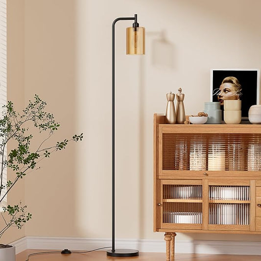 Ziisee Floor Lamps for Living Room - Standing Lamp with Amber Glass Shade, Modern Floor Lamp with LED Bulbs, Industrial Floor Lamp for Bedroom, Black Tall Lamp for Office(Light Bulb Included)